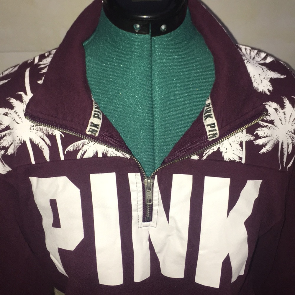 PINK Logo Pullover Sweatshirt With Palm Trees Print 1/4 Zip Loungewear Top